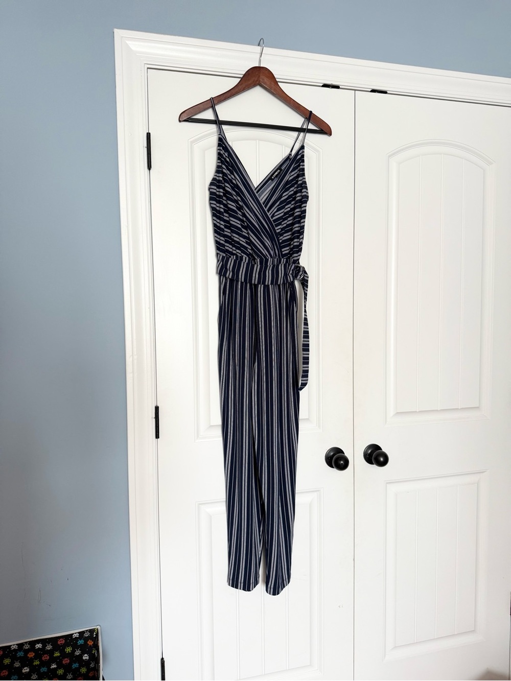 NWOT Express Navy and White Striped Wrap Jumpsuit